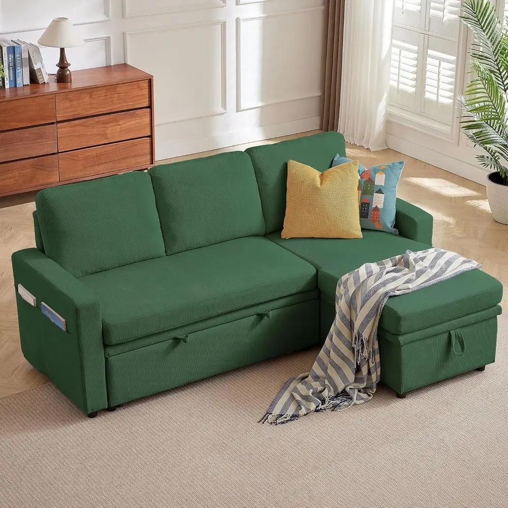 

79 L-Shaped Sleeper Sofa with Storage Chaise and Side Pockets in Green for Living Room and Office