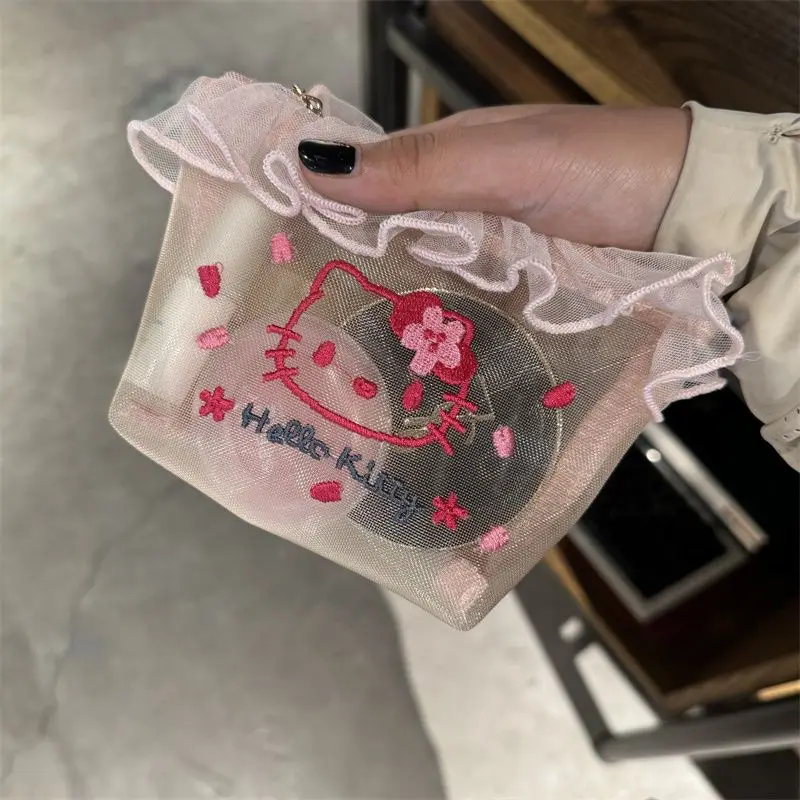 New Cartoon Sanrio Hello Kitty Embroidery Makeup Bag Tissue Storage Bag Portable Touch Up Bag Mesh Zipper Bag Girl Gift