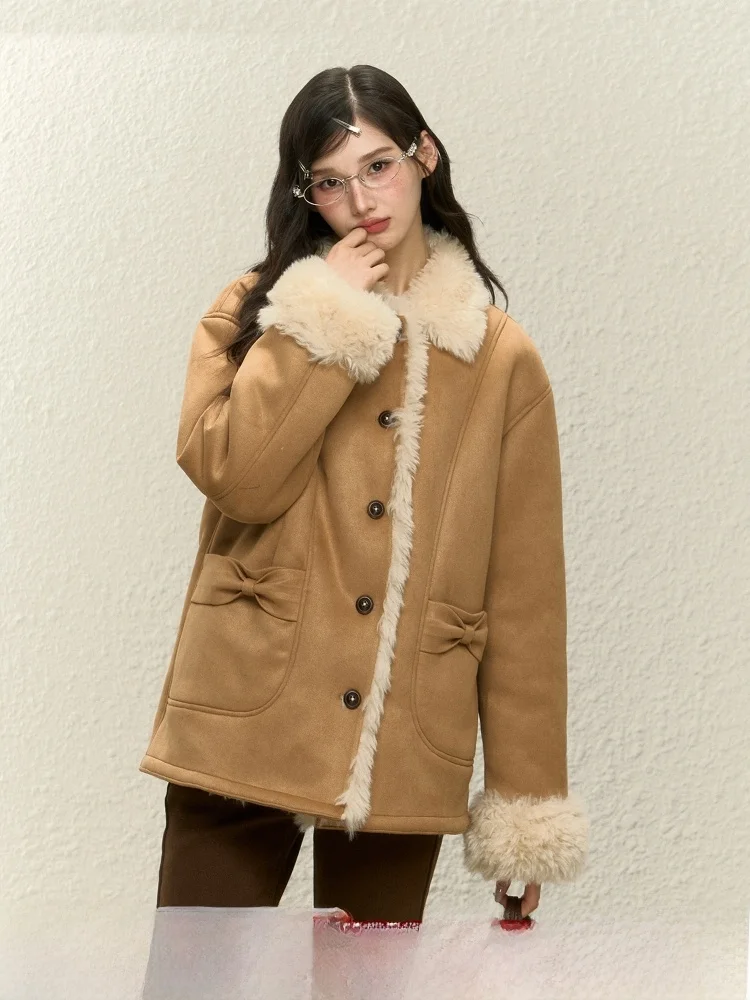 

ELEVEN SP Women's Thiened Warmth Fur Coat Korean Sle ort Outerwear Stand Version Long Sve Flip Collar Button Closure