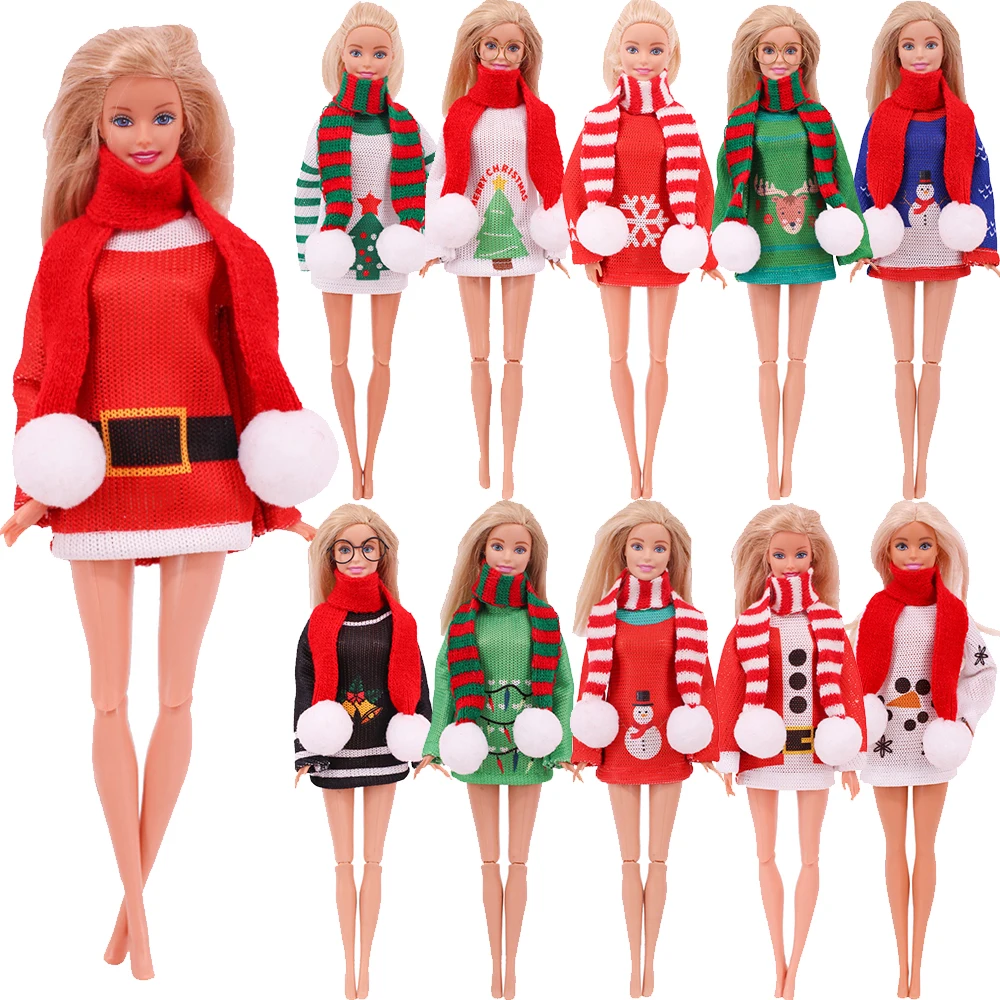 30cm Barbies Doll Clothes Christmas Sweater Dress Handmade Skirt Winter Scarf Round Frame Glasses Santa Pattern for BJD Toy Gift