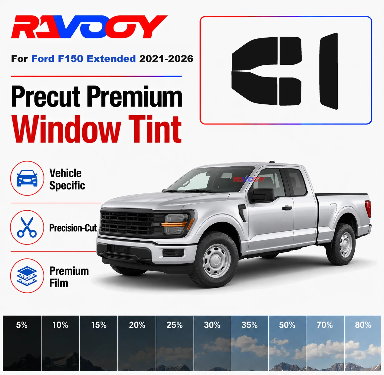 Kit de film solaire nano-céramique premium pré-découpé pour vitres avant, arrière et pare-brise arrière de Ford F150 Extended 2021-2026