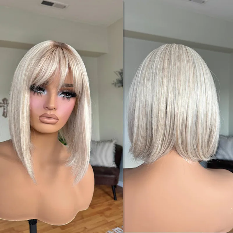 Futura Short Bob Wig Ombre Blonde Highlights Ash Colored Lace Frontal Wig synthetic Mixed with 5% Human Hair Wig Short Women Wig