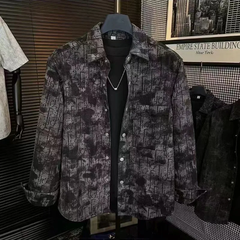 Retro printed tie-dye button jacket for men's new Korean style trendy handsome long-sleeved jacket