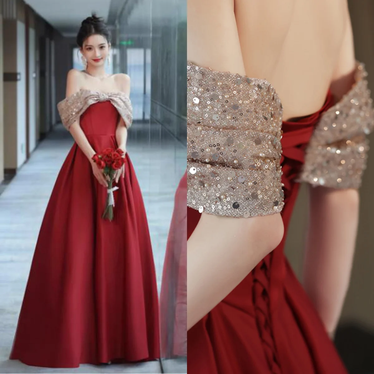 It's Yiiya Evening Dress Burgundy Satin Sequins Off the Shoulder Lace up A-line Floor-length Plus size Women Party Formal Gown