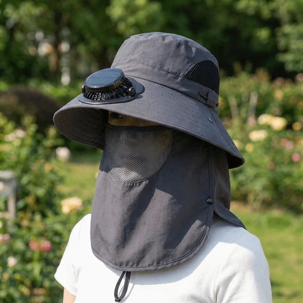 Portable Solar Rechargeable Fan Hat Long-lasting with Face Cover Fishing Sun Shading Hat 1000mA Adjustable Wide Brim Fan Hat