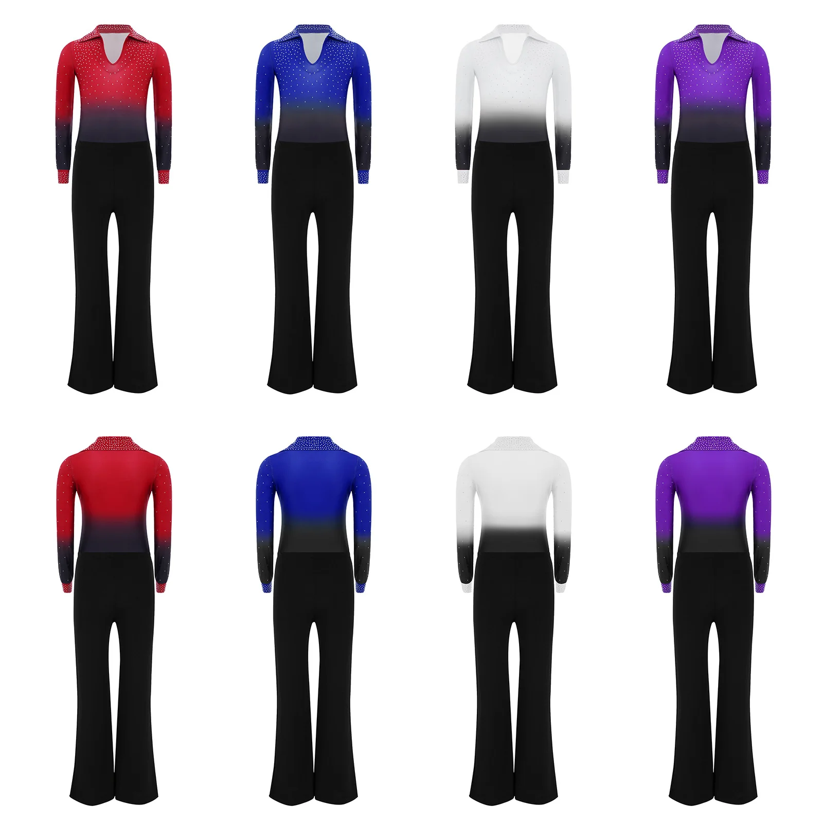 Costume de danse Jazz Latin Chacha pour enfants garçons, manches longues, strass brillants, dégradé de couleur, justaucorps avec pantalon, ensemble vêtements de danse latine