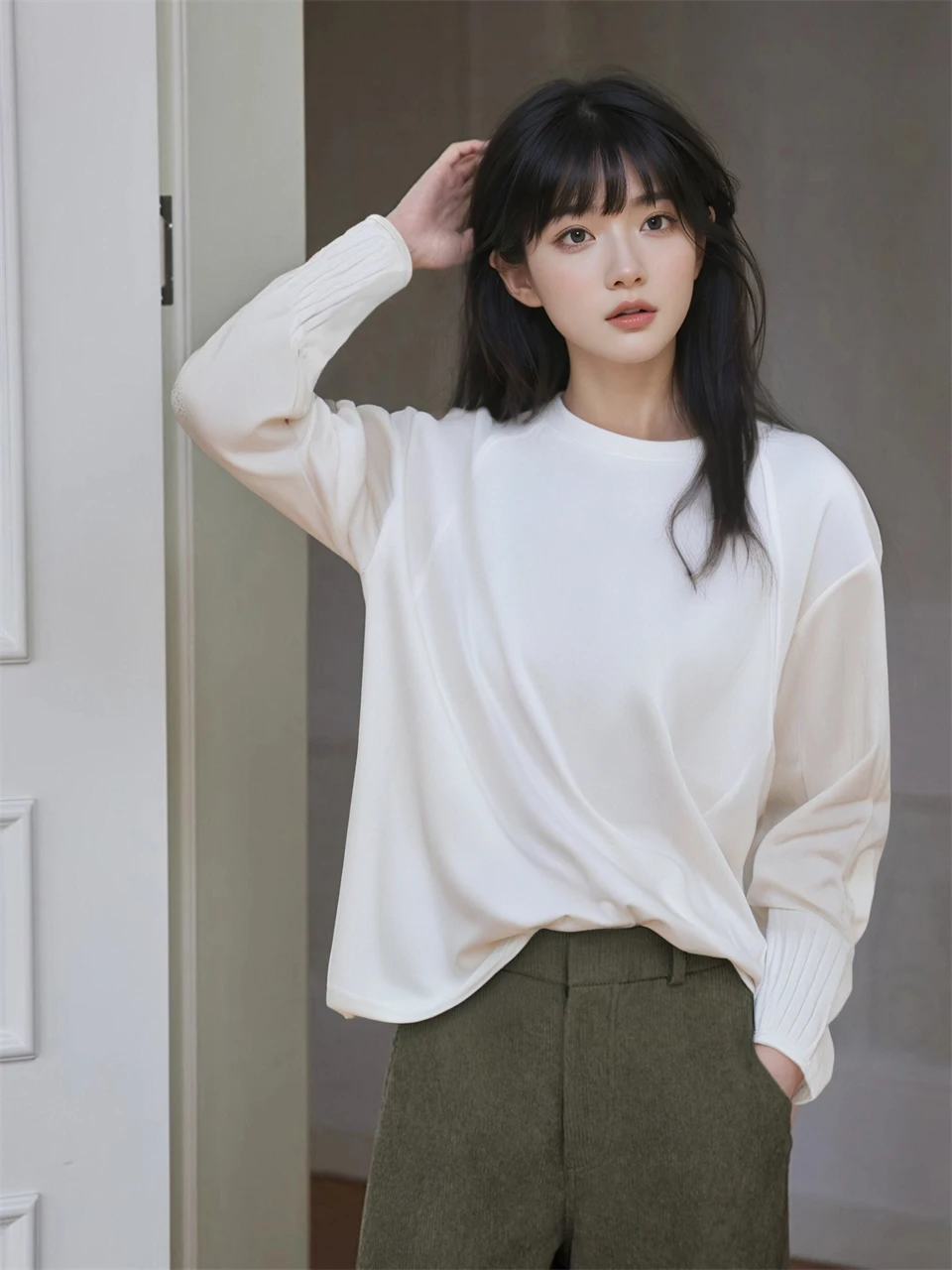 

Vimly Spring O-neck T-shirt Drop Sleeve Pleated Cuff Women's Long Sleeve Top 2024 New Casual Loose Cotton Pullovers Tees M5763