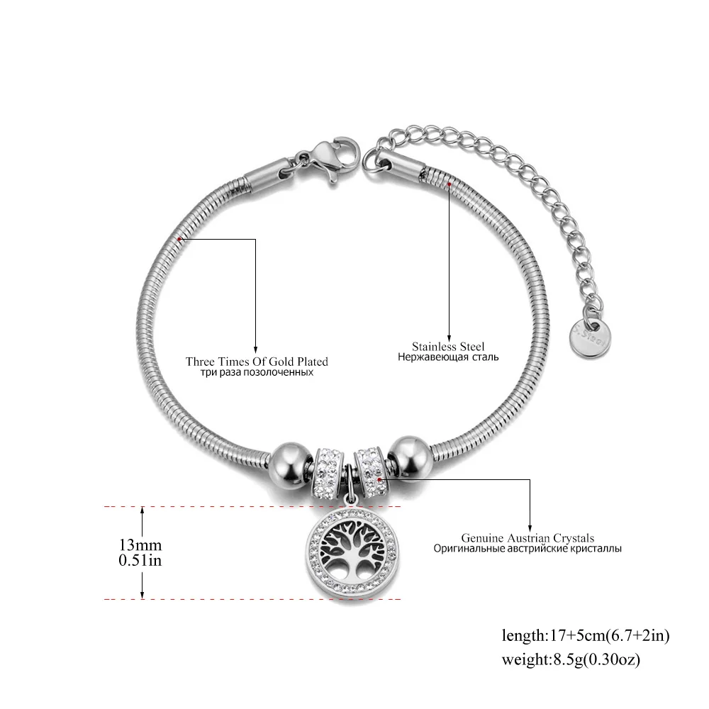 Lokaer Waterproof Fashion Life Tree & Heart Charm Bracelet 18K Gold Plated Stainless Steel Rhinestone Jewekry For Women B24053