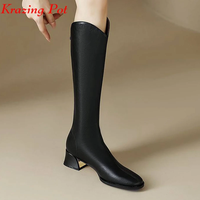 Krazing Pot Cow Split Leather Round Toe Med Heels Riding Long Boots Sewing Thread Basic Party Zip Big Size 42 Thigh High Boots