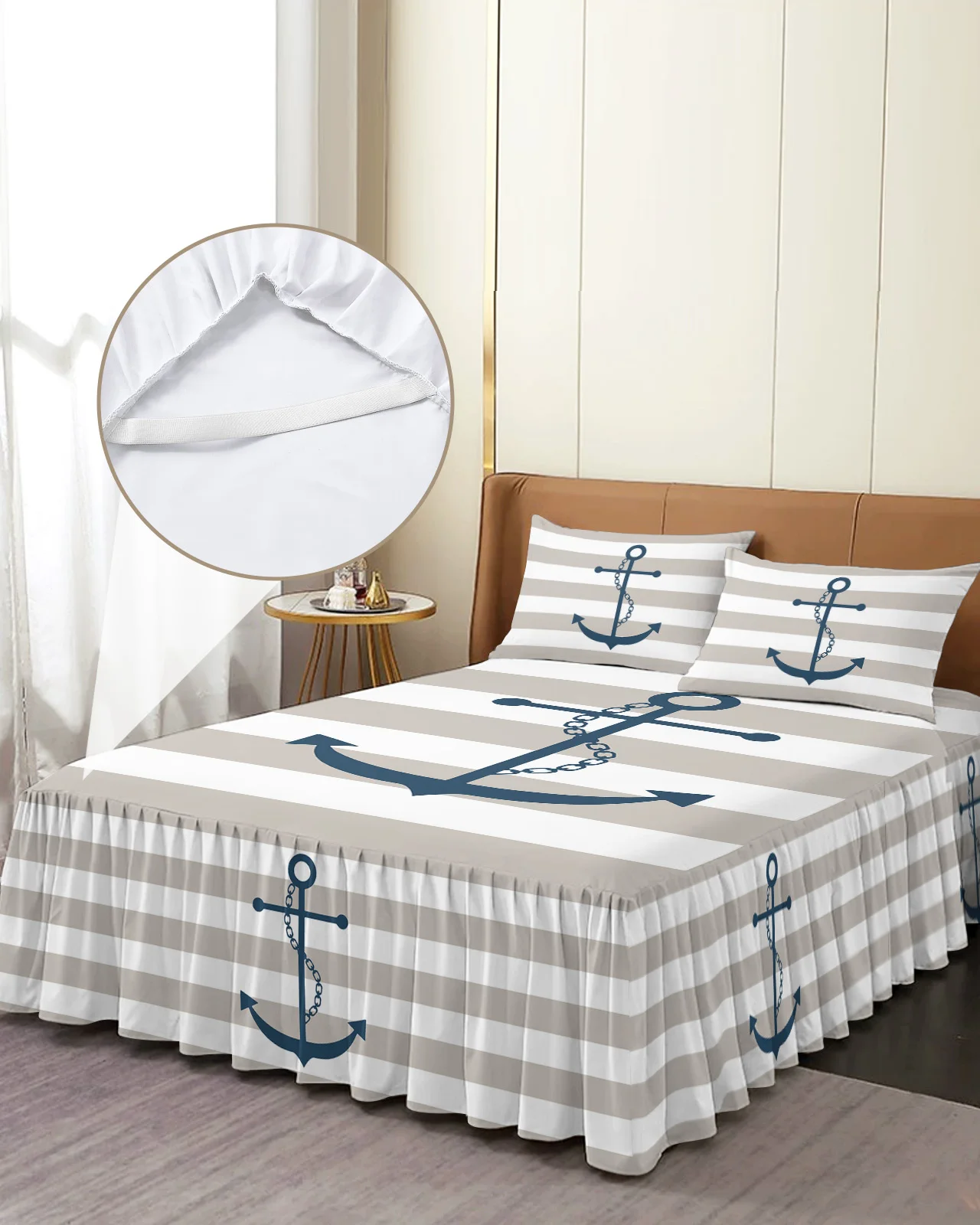 

Geometric Stripes Anchor Bed Skirt Elastic Fitted Bedspread With Pillowcases Bed Protector Mattress Cover Bedding Set Bed Sheet