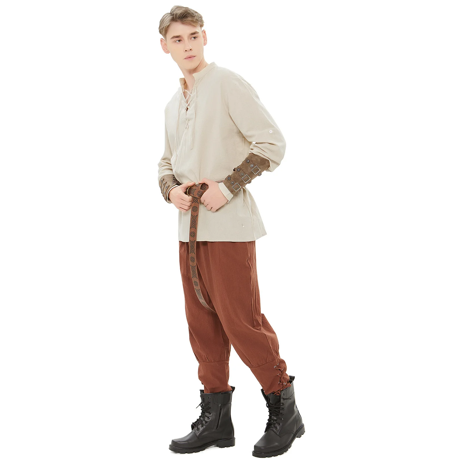 Spring and Autumn Summer Pure Color Casual Commuting Medieval Pirate Renaissance Period Shirt Ankle Belt Cosplay Costume