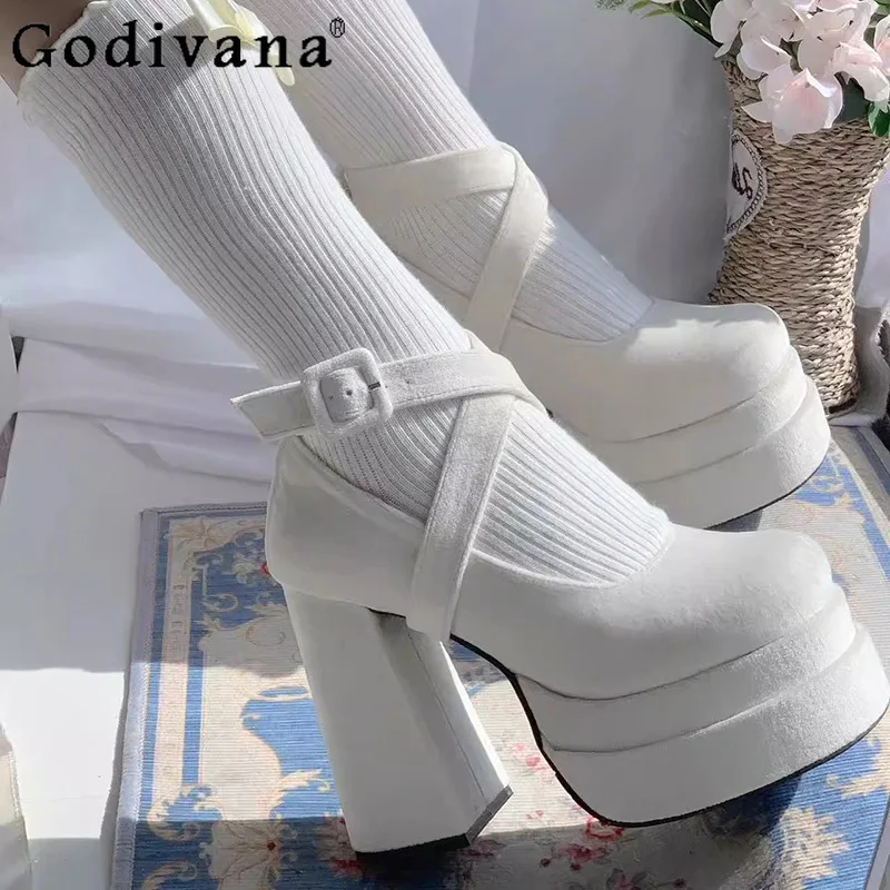 

Waterproof Platform Thick Sole Shoes Women Japanese Style Mary Jane Bridesmaid Shoes Girls New One Strap High Heels Shoes
