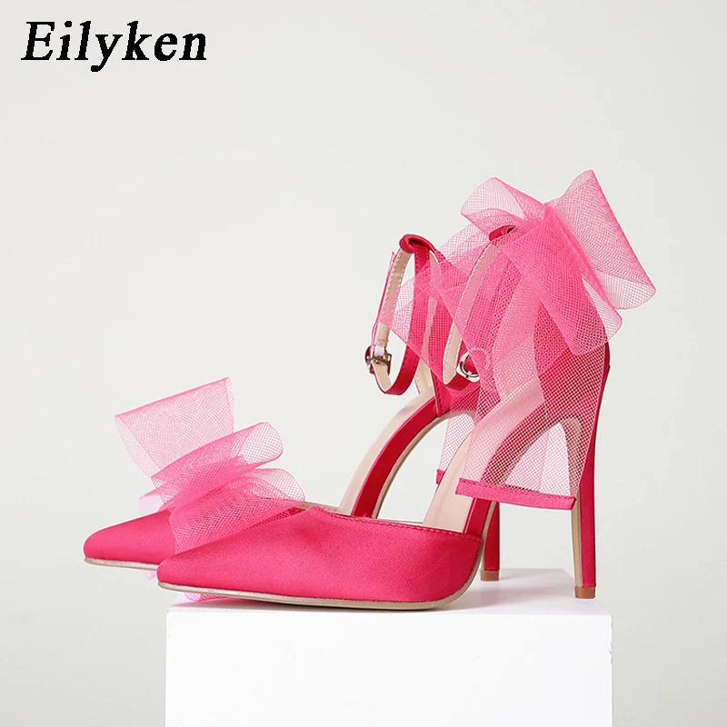 Eilyken Fashion Silk Bowknot Satin Women Pumps Summer Pointed Toe High heels Party Wedding stripper heels Lady Shoes