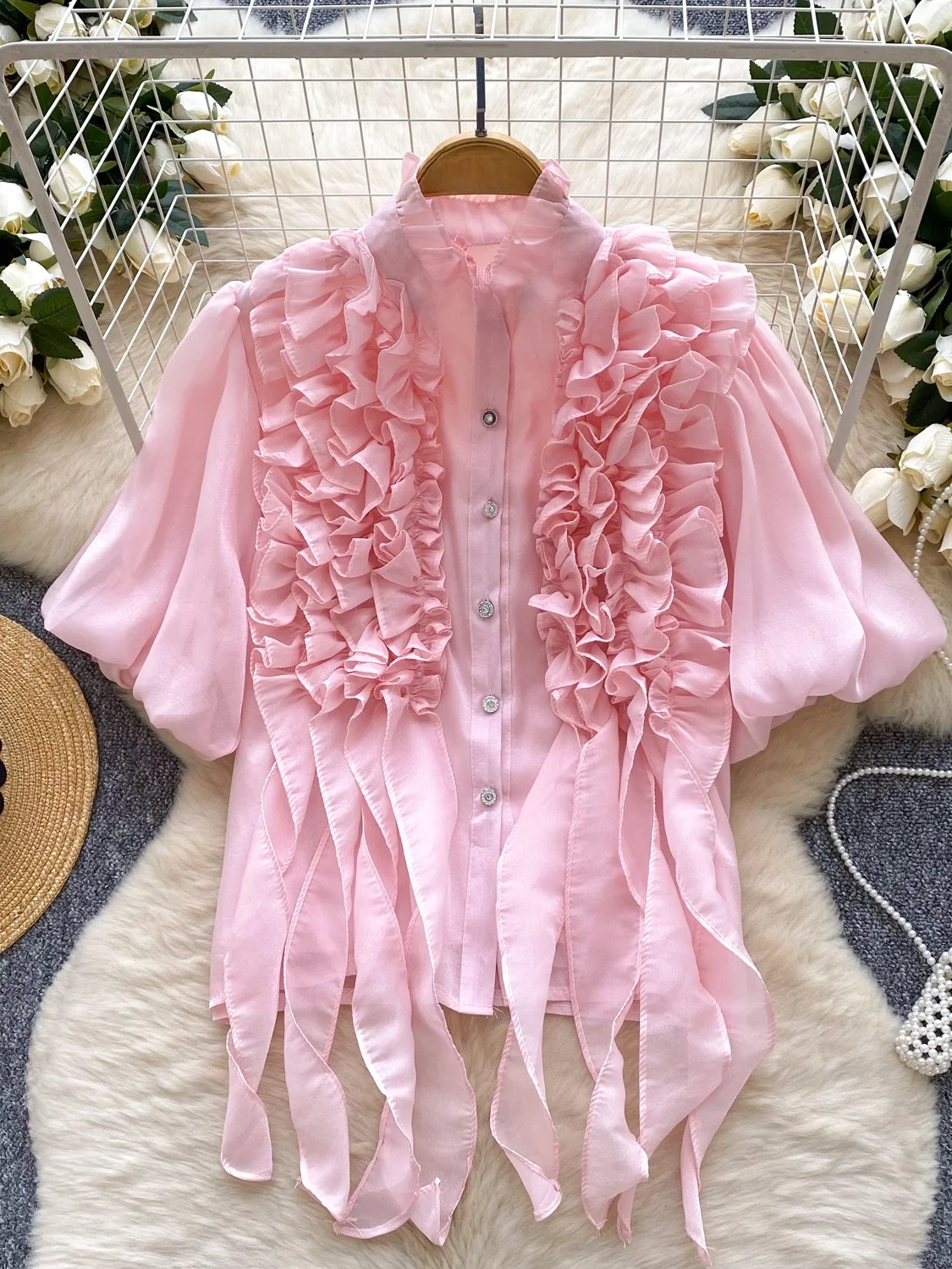 Bluzka damska z stójką, falbankami, bufiastymi rękawami, słodka, uniwersalna, zapinana na jeden guzik, elegancka, koreańska, luźny krój...