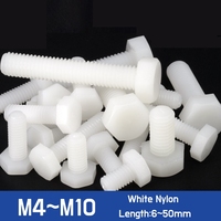 10~100pcs M4 M5 M6 M8 M10 White Nylon Hexagonal Screw Plastic Insulated Metric Threaded External Hex Head Bolt Length 6~50mm