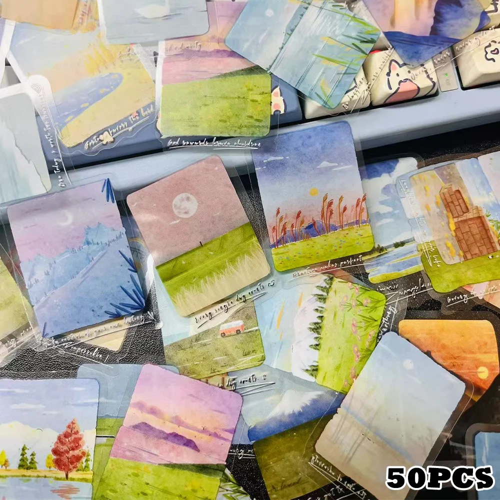 50pcs ภูมิทัศน์สติกเกอร์ภูมิทัศน์ภาพวาดตกแต่งแล็ปท็อป Scrapbooking คู่มือไดอารี่ DIY แก้วอัลบั้มสติกเกอร์กันน้ํา