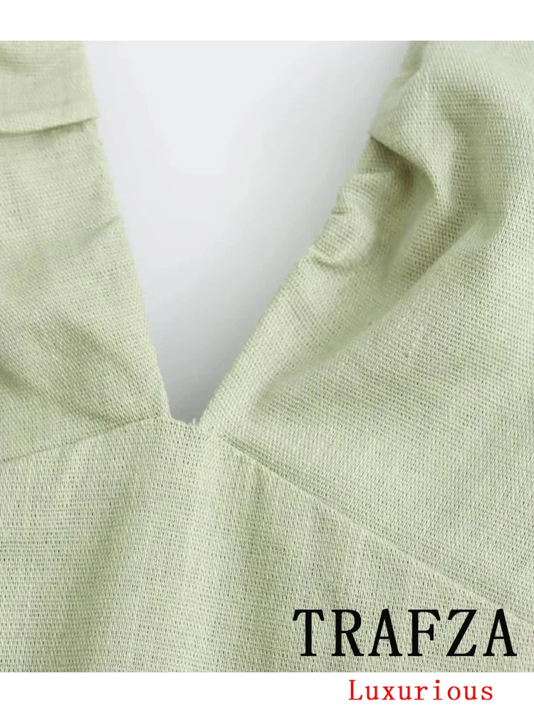 TRAFZA Vintage Casual Chic Sexy Women Dress Green Solid Backless Cami Long Vestidos Fashion 2024 Summer Female Dress