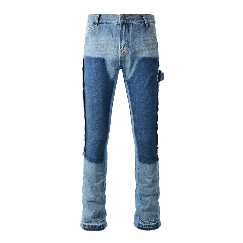 

Autumn /Winter Men's Retro Blue Jeans Stitching Denim Trousers Multi-Pocket Stitching Flared Pants Male