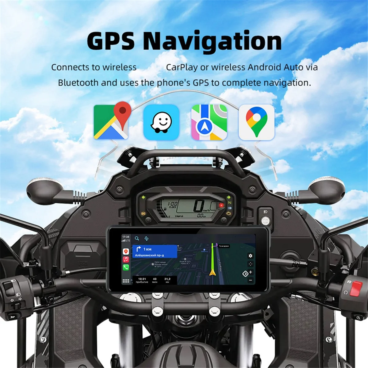 

7-дюймовый мотоциклетный беспроводной Carplay и Android Auto, передняя и задняя камера, двойной Bluetooth DVR, GPS-навигатор, экран B