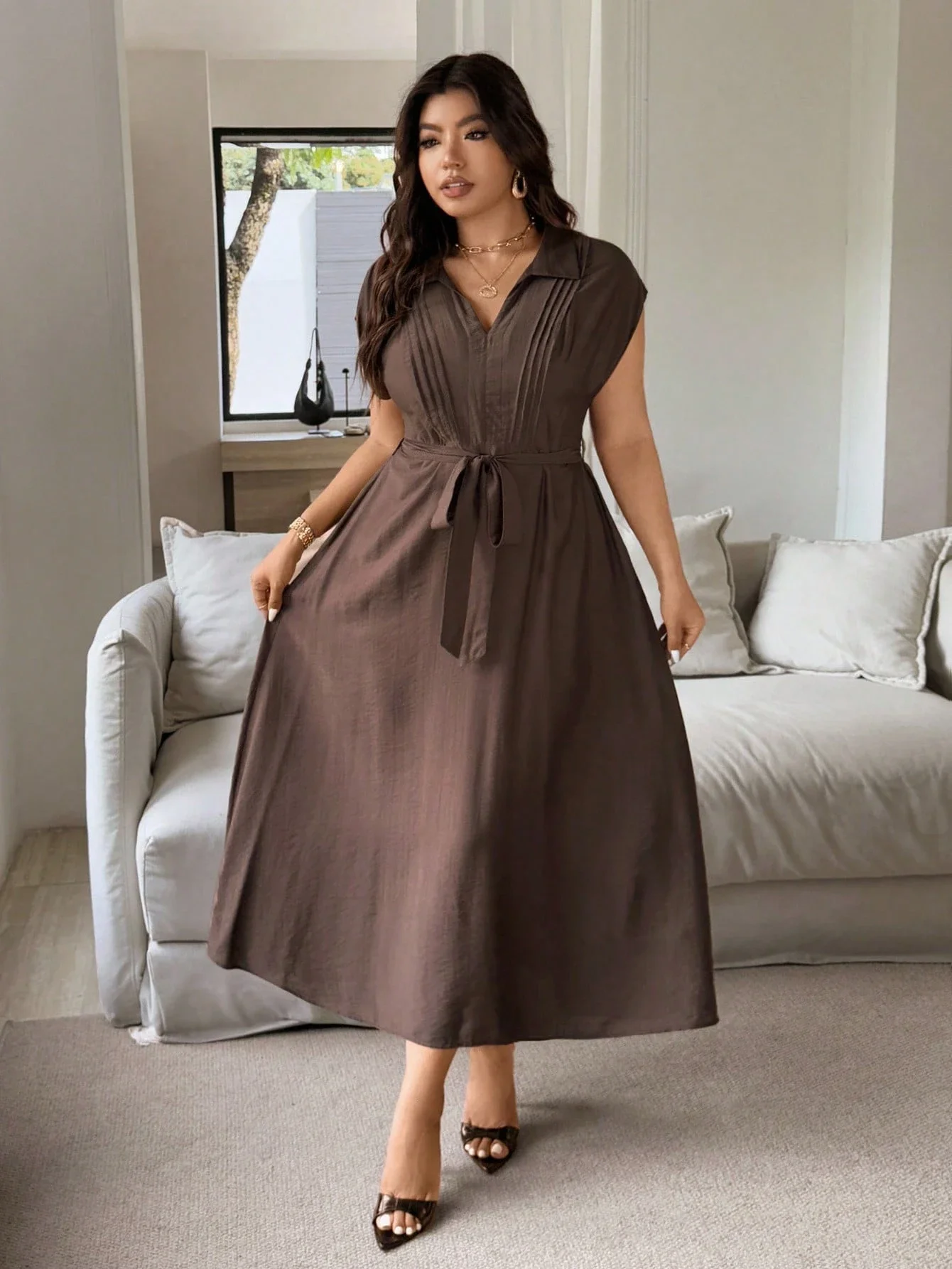 

Elegant Casual Shirt Dress With Stand Collar Waist Tie Short Sleeve Coffee Color