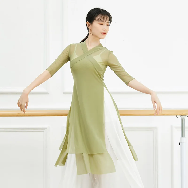 Personalizado estilo chinês jazz dança moderna prática médio longo feminino clássico dupla camada fluindo fenda gaze roupas