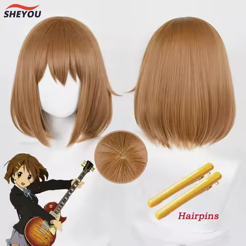 Hirasawa Yui Cosplay Wig Anime K-ON Yui Hirasawa Short Brown Heat Resistant Synthetic Hair Party Wigs + Free Wig Cap