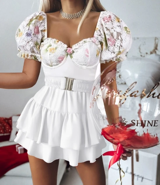 

Fashion Women's Dresses Short Sleeve Cute A Line Women V-Neck Lace Patchwork Mini Autumn Casual Party Hanging Layered Dress