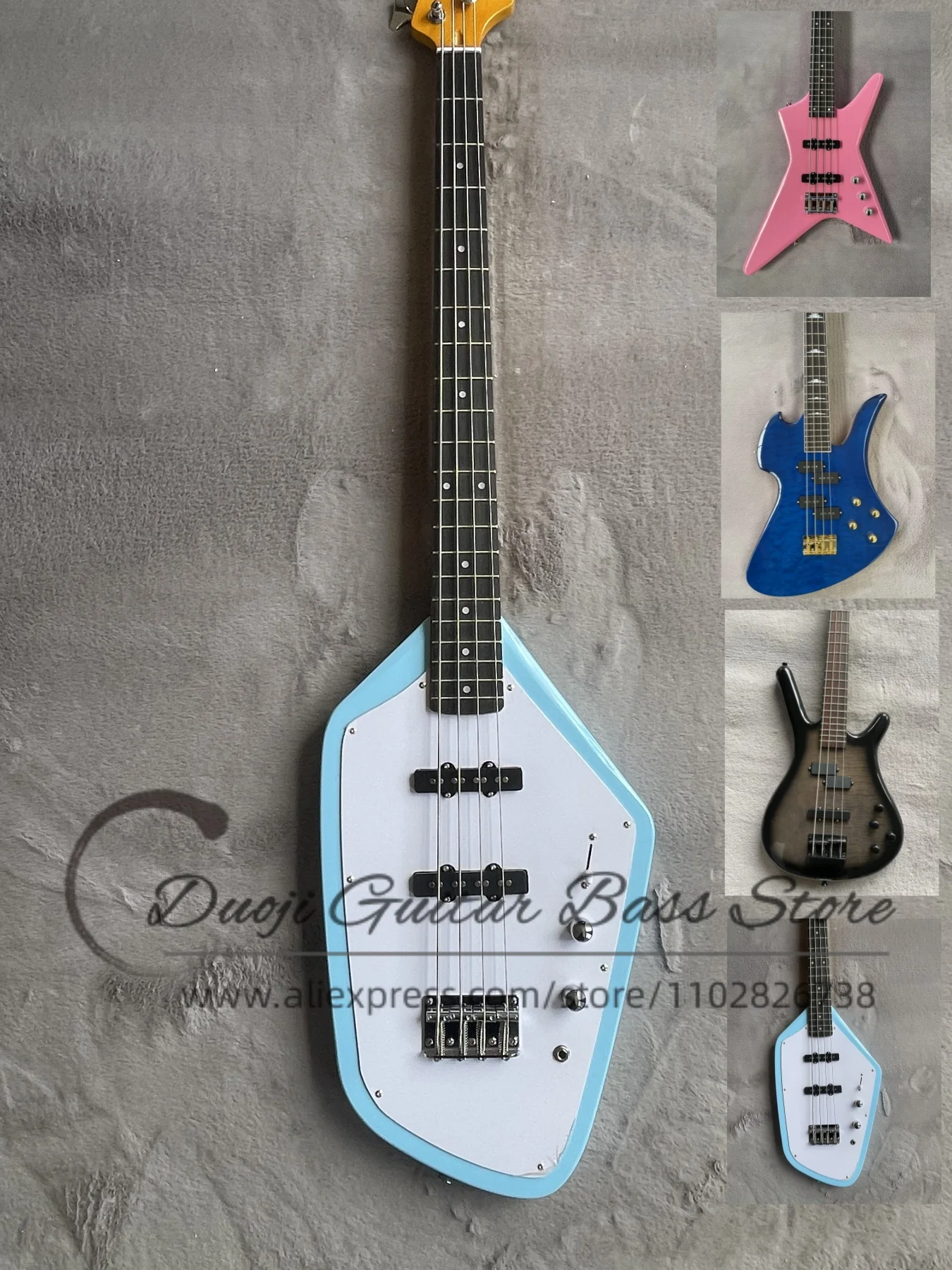 

Blue Bass,4 strings bass guitar,SS pickups,yellow maple neck,rosewood fingerfret,white pickguard factory custom