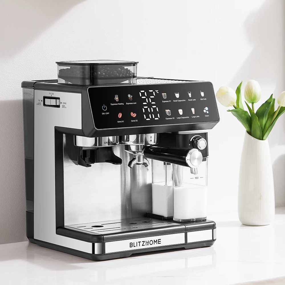 BlitzHome CM5710 All-in-One-Espressomaschine mit integrierter Mahlwerk, Doppelkessel, automatischer Milchaufschäumer für heißes und kaltes Brauen