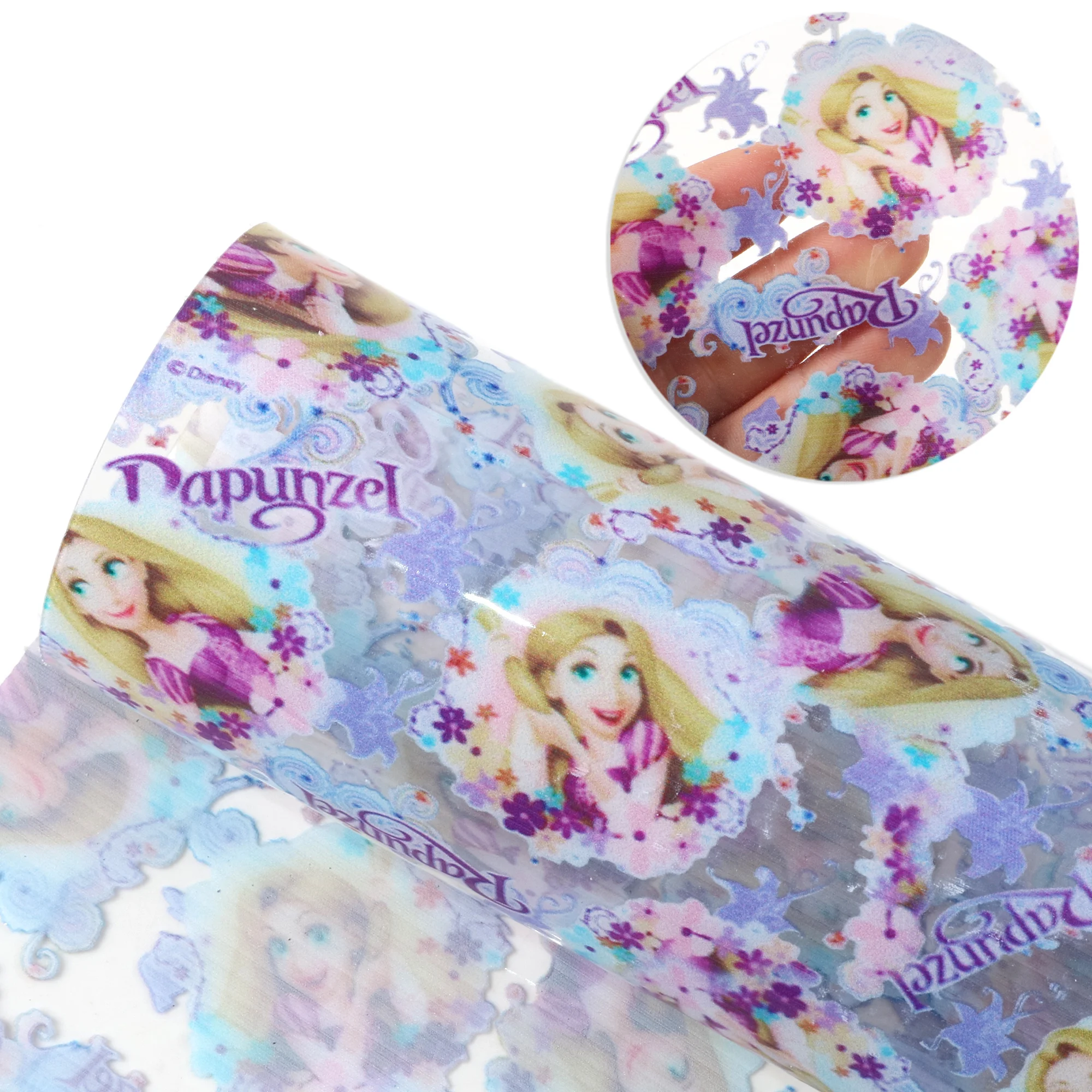 Disney Rapunzel 20*33cm Transparent UV Printing Faux Synthetic Leather Fabric Sheets for Earring Bags Bow Earing DIY Craft