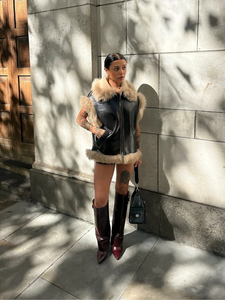 

Женский кожаный жилет с плюшевыми волосатыми рукавами и лацканами, твидовое лоскутное пальто без рукавов из искусственного меха, свободное пальто, повседневная новая стильная уличная верхняя одежда