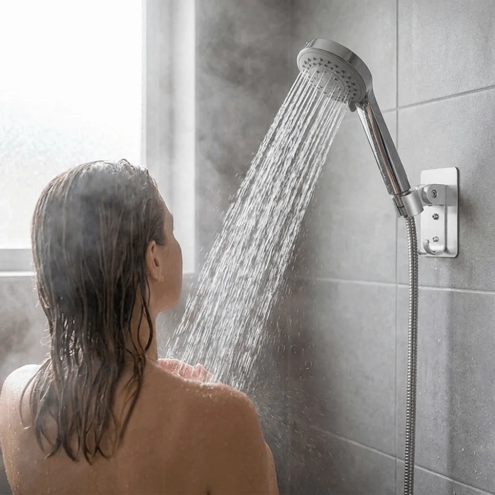 

Strong Adhesive Backing Punch-Free Shower Head Bracket Durable Waterproof Material Smooth Edges Adjustable Wall Mounted Holder