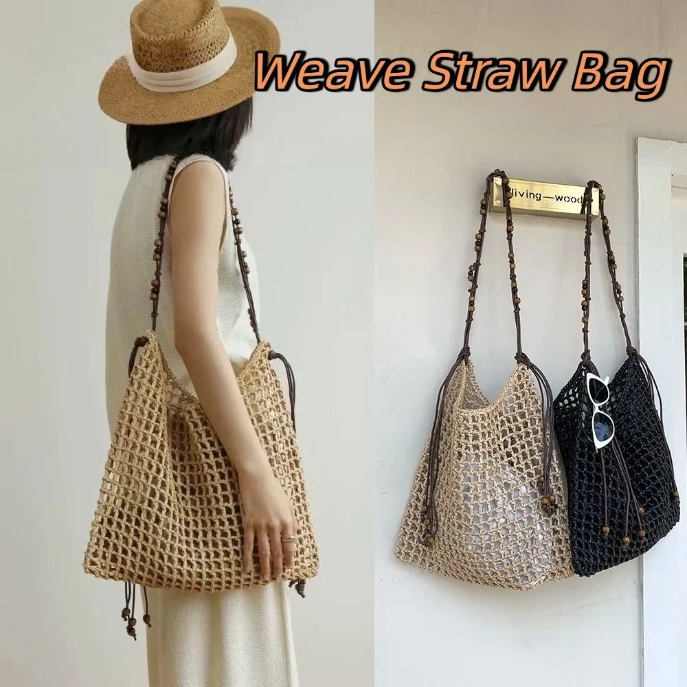 

Trendy Large Capacity Lafite Straw Bag Handmade Fashion Weave Tote Bag Wood Beaded Underarm Bag Summer Beach Handbag Women