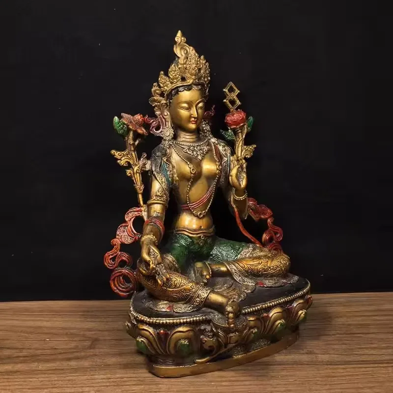 Ancient China's Refined Pure Copper Painted Green Tara Buddha Exquisite Craftsmanship and Thick Coating,unique Fengshui