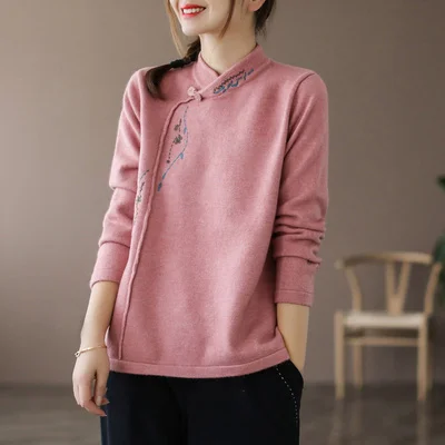 Special Offer Cashmere Knitted Long Sleeve Women's T-shirt Vintage Button up Base Shirt Top Artistic Embroidery Straight Cut