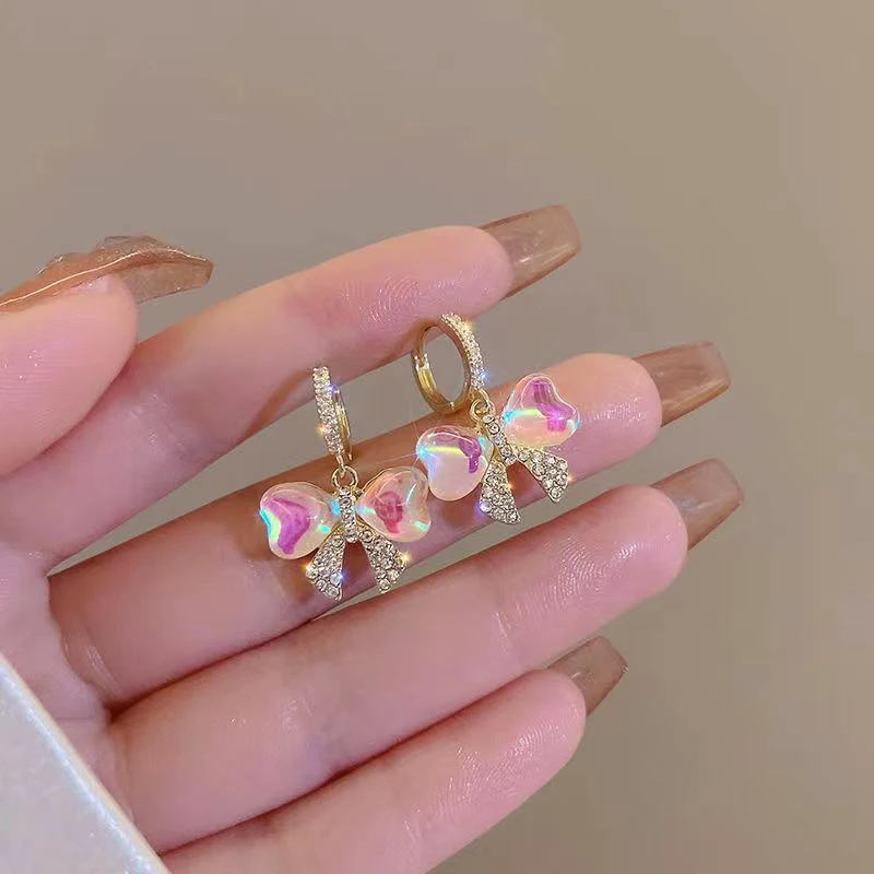 Nueva tendencia de moda, pendientes con colgante de lazo colorido con diamantes de imitación para mujer, temperamento exquisito, joyería de fiesta para niñas, regalo de cumpleaños