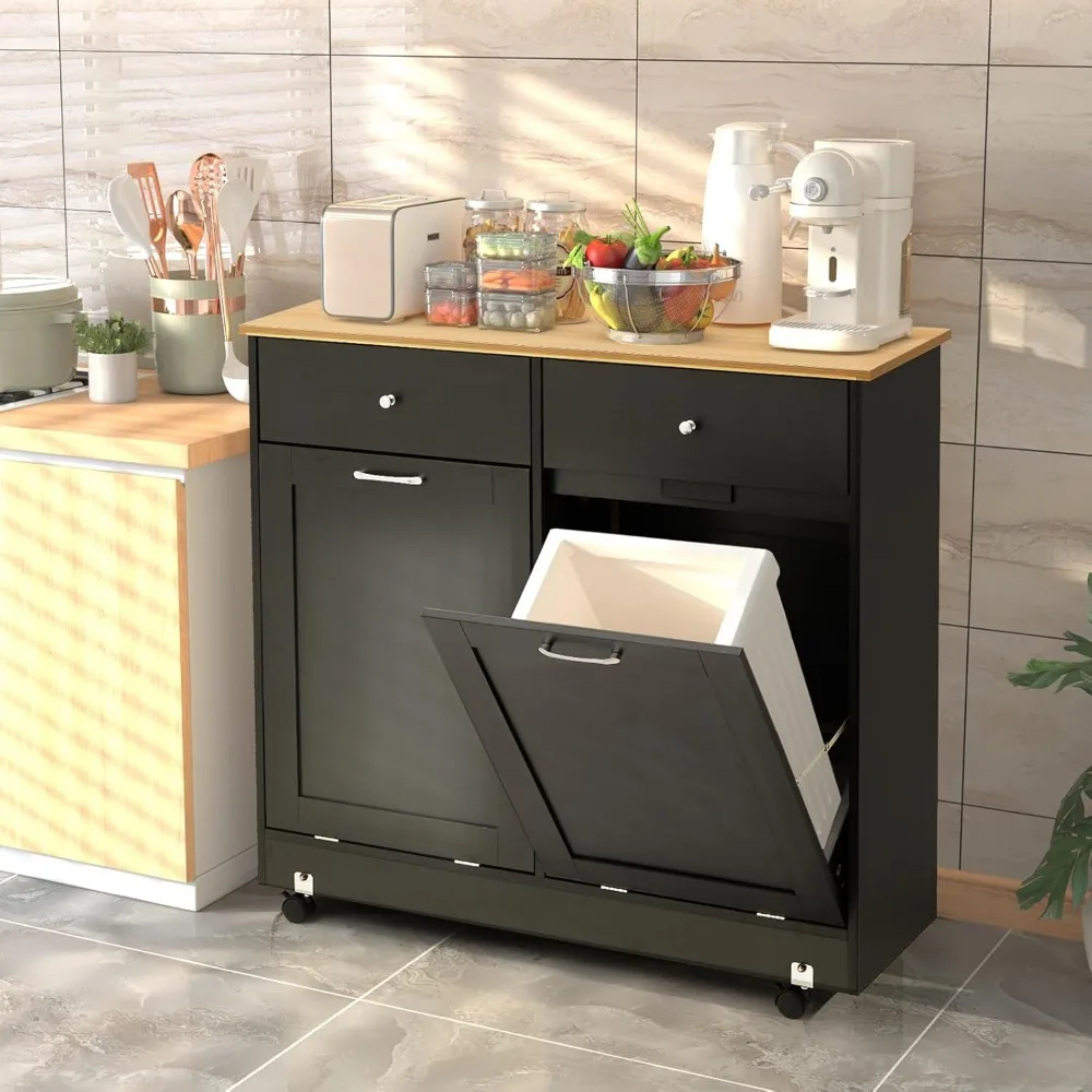 

Double Tilt Out Trash Can Cabinet, 10+9 Gallon Wooden Kitchen Garbage Bin with Deodorizing Function, Recycling Storage Cabinet