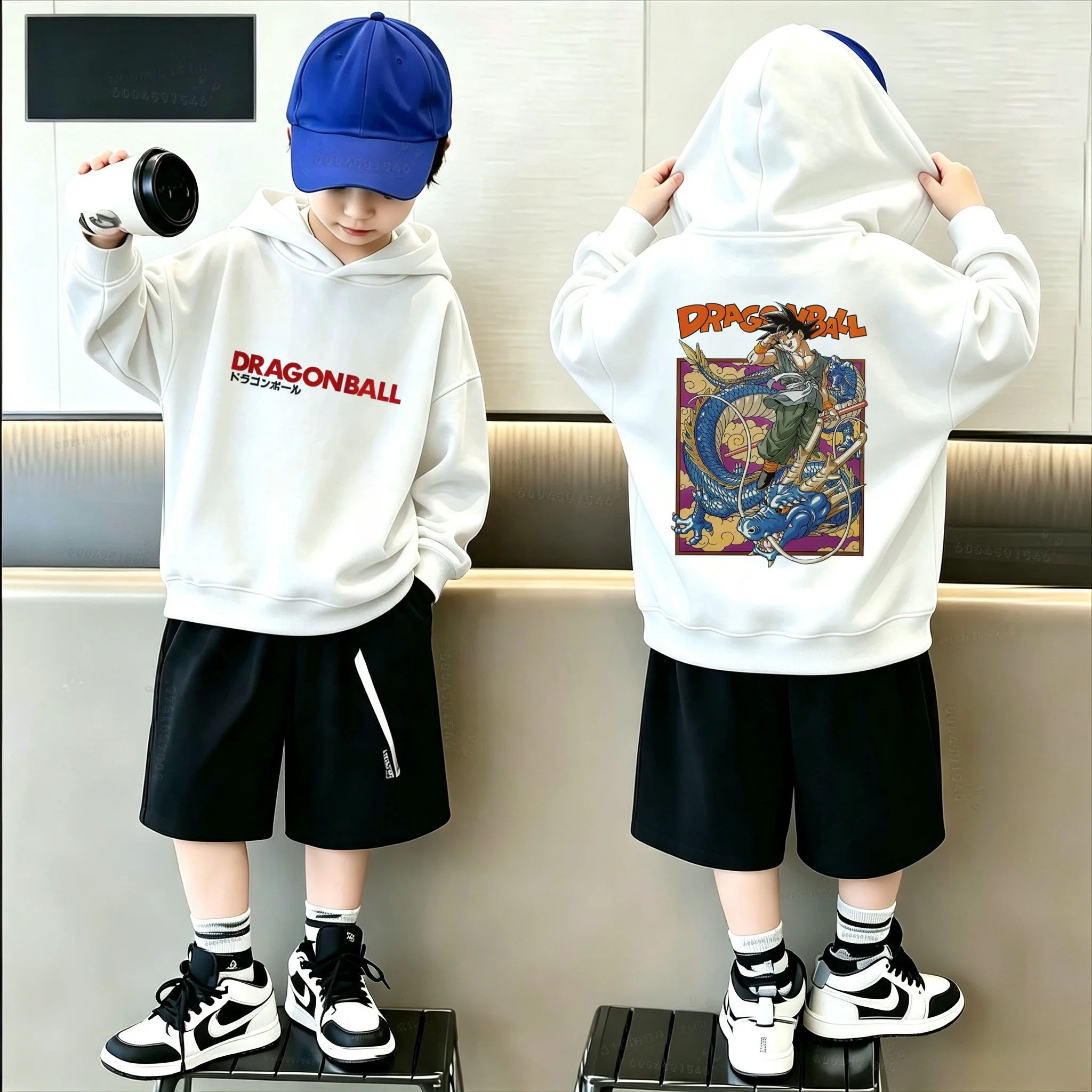 Kinder-Kapuzenpullover im Anime-Stil mit Dragon-Ball-Logo, großes Goku-Shenlong-Motiv, im Buchseiten-Design, bedruckter Kapuzenpullover. – Detail 5