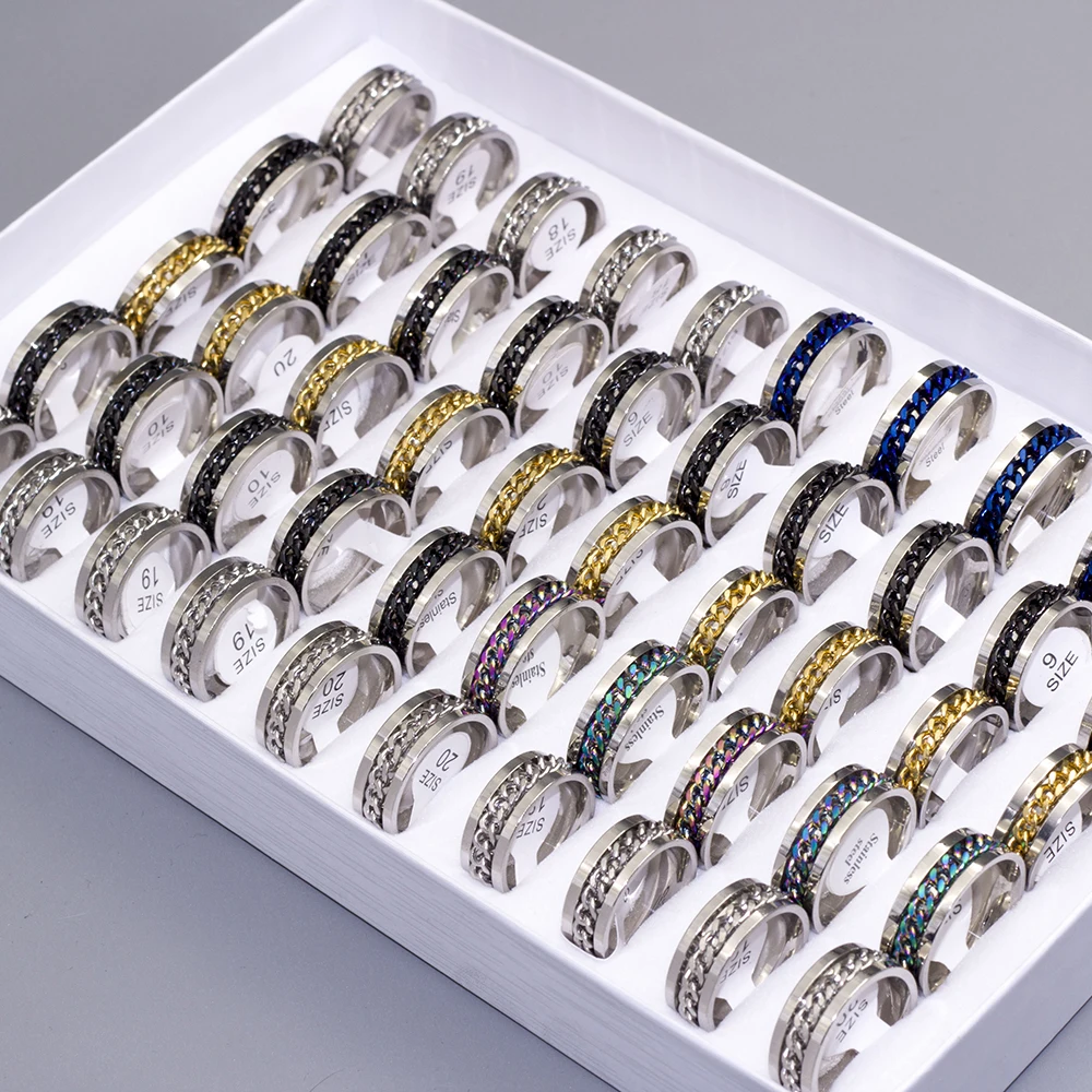 

30 pcs/lot Mix 4 Colors Rotation Chain Stainless Steel Rings Fashion Punk Rock Mens Ring Polished Inside