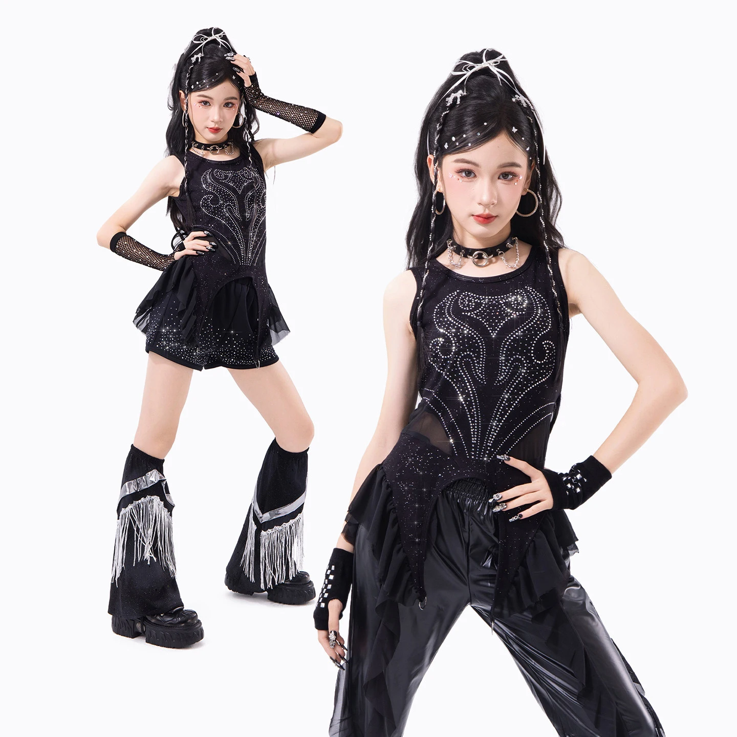 Kinder Jazz-Tanzkostüme für Mädchen, schwarzer Body, Lederhose, Kpop-Outfits, moderne Hip-Hop-Tanz-Rave-Kleidung, DQS23495