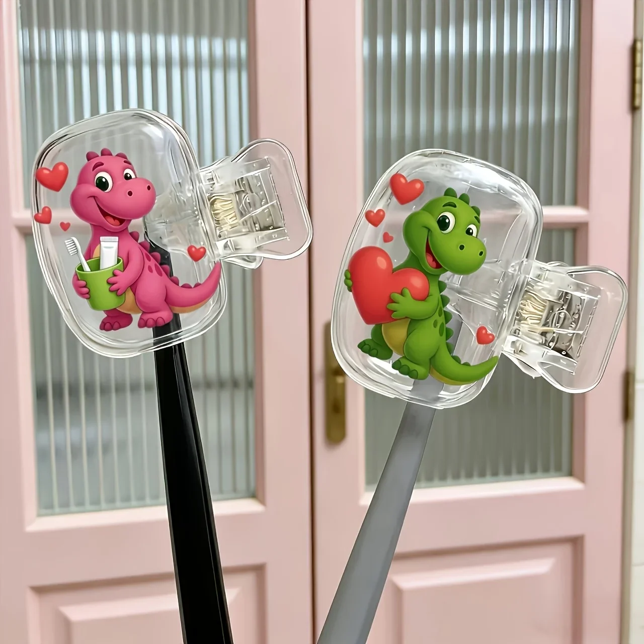 2pcs Dinosaur Holding a Toothbrush Cup and Heart Toothbrush Head Cover Ideal for Home and Travel Use Convenient for Daily Use