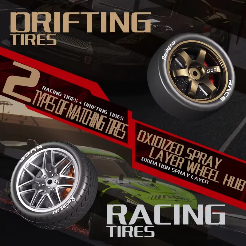 Zdalnie sterowany samochodzik, szybki wyścigowy samochód driftowy, konstrukcja z wymiennymi oponami drogowymi i driftowymi. Wysoka grabilność.