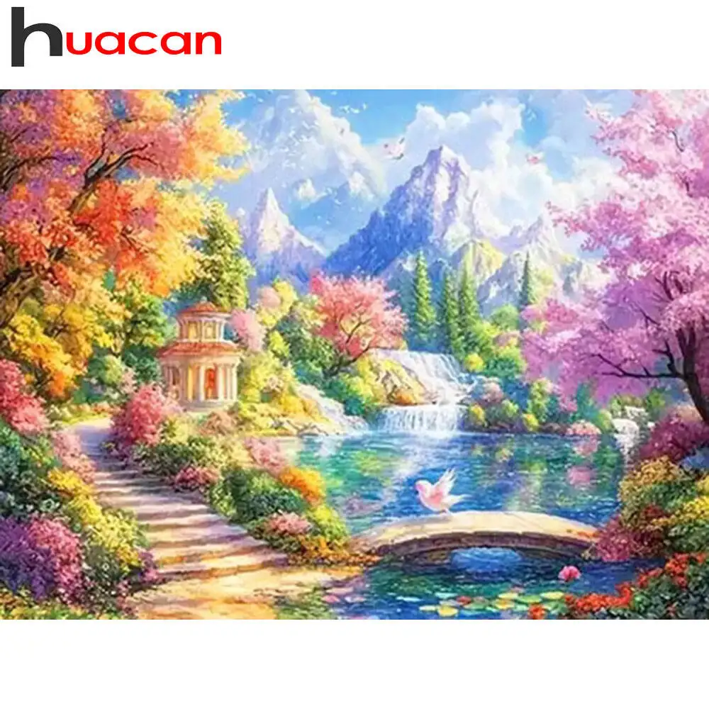 Huacan 5D-Diamantgemälde zum Selbermachen, Wasserfallhaus, Diamantmosaik, Landschaft, neue Kollektion 2025, dekorative Gemälde