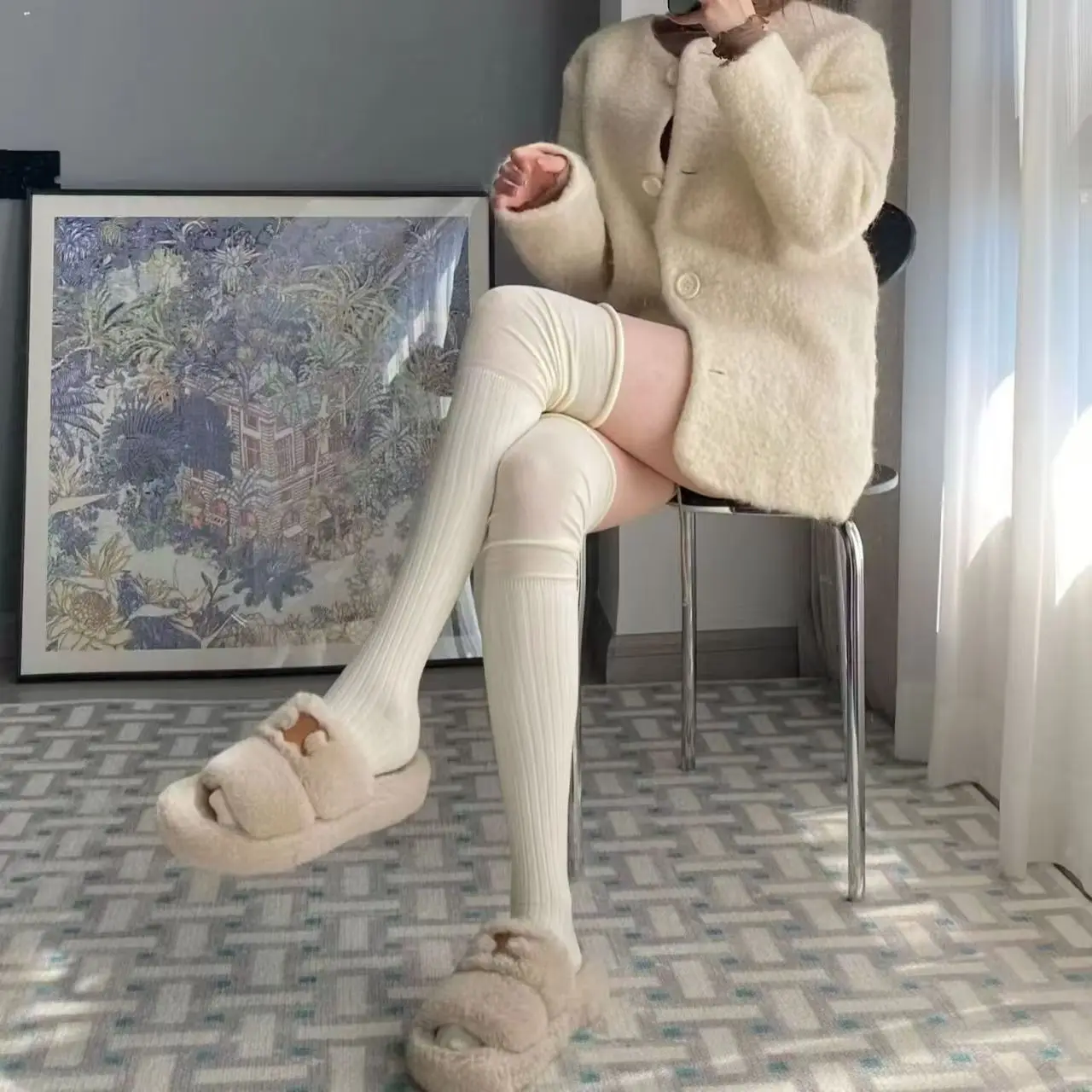 الركبة فوق الجوارب للنساء في الربيع والخريف بلون المضادة للانزلاق سليم الساق الجوارب أحذية طويلة مكدسة الفخذ الجوارب #4