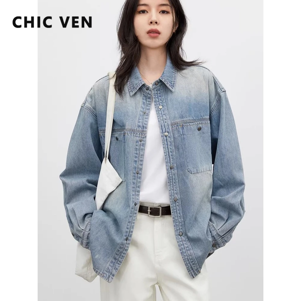 

CHIC VEN Korean Women Denim Shirt Coat Streetwear Blue New Loose Patch Bag Ladies Denim Blouses Oversize Spring Autumn 2026