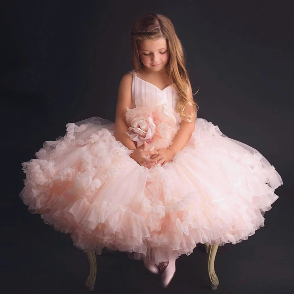 

DIY Latest Pink Puffy 2 to 13 Years Baby Flower Girls Teenage Kids Party Wear Fancy Evening Gown Summer Princess Tulle Dress