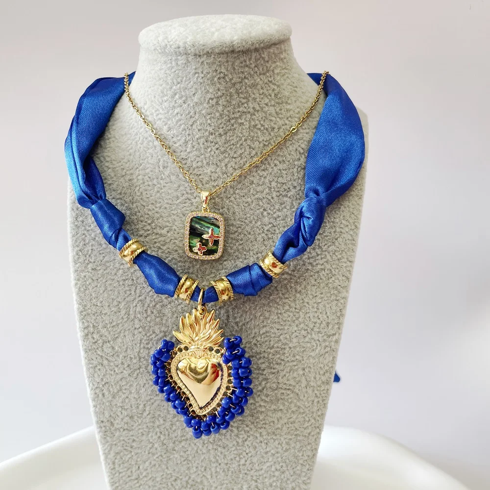 

Blue Satin Bandana Scarf Necklace with a Giant Stainless Steel & Resin Heart Charm, Vintage Stackable Jewelry