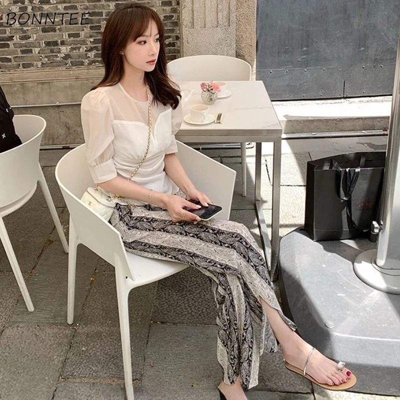 

Casual Pants Women Print High Waist Wide Leg Loose Summer Side-slit Design Chic Ins штаны Mujer Basic Thin Korean Style Elegant