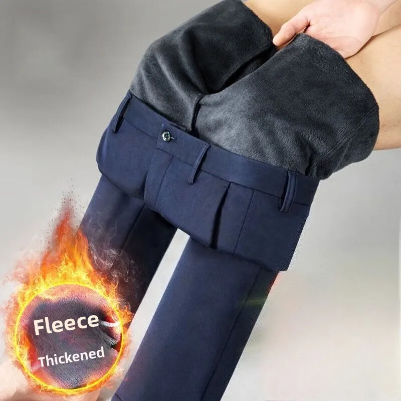 

Men's Elastic Autumn Fleece Pants Man High Quality Thickened Straight Anti-Wrinkle Suit Pants Formal Social Big Size Trousers