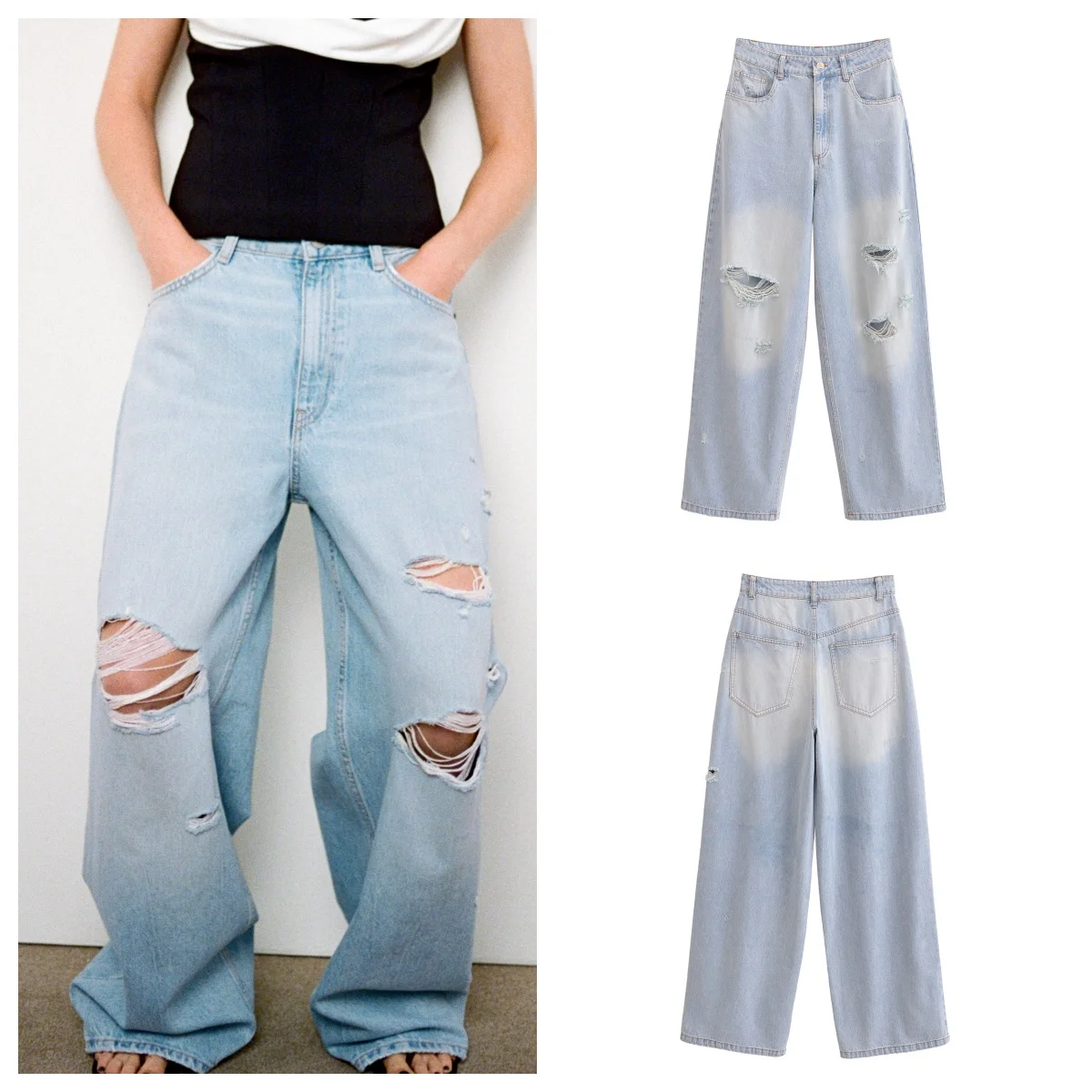 

European and American style 2025 new ripped jeans for women fashionable and versatile high waist straight wide leg pants